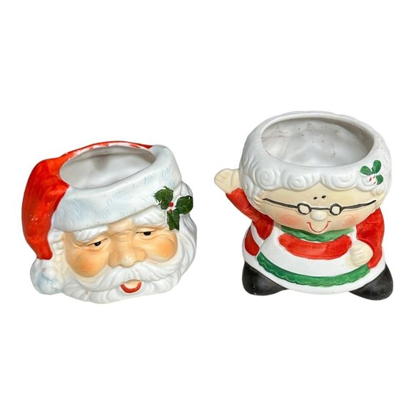 VTG 1980s Santa Face & Mrs Claus Porcelain Votive Candle Holders Rosey‎ Cheeks - Picture 2 of 7